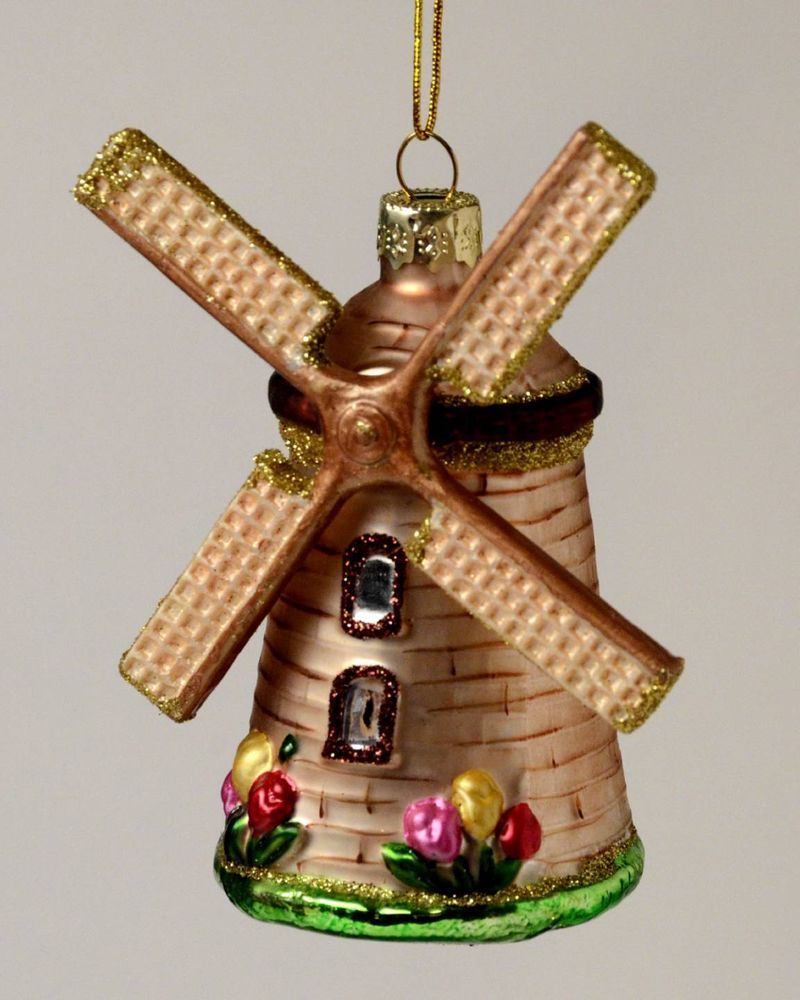 DUTCH WINDMILL NETHERLANDS HOLLAND GLASS CHRISTMAS ORNAMENT NEW 