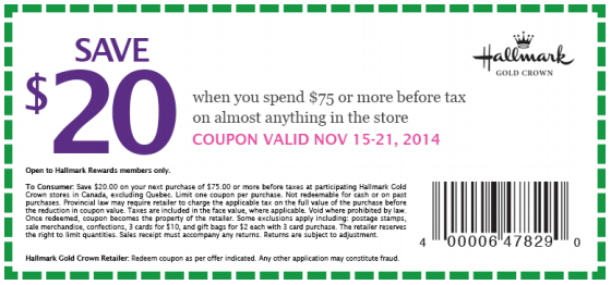 Hallmark Canada Printable Coupon Save 20 When You Spend 75 Or More 